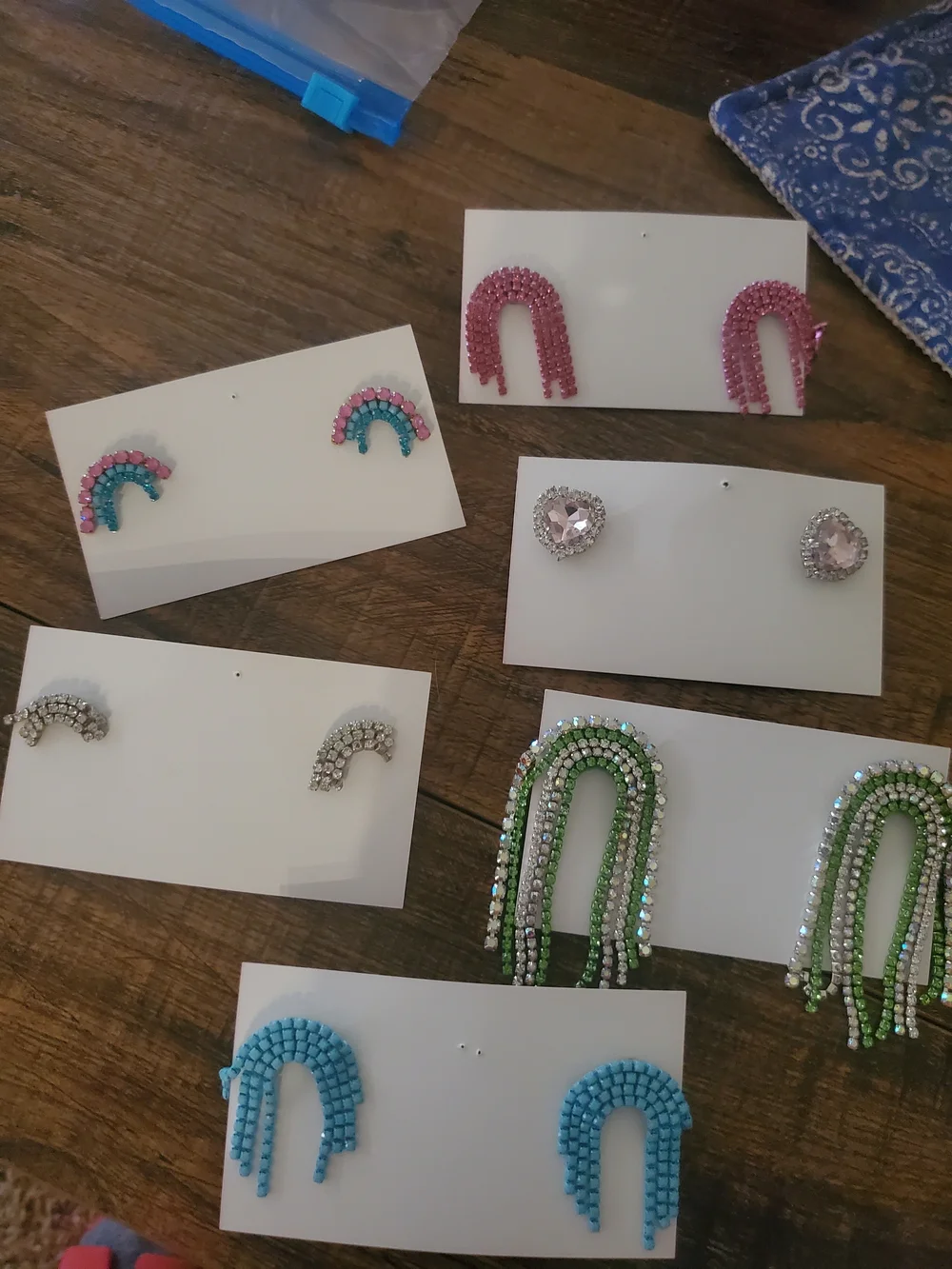 Beaded Rainbow Kids Earrings - Pink, Green, Blue & Silver Set Of 6